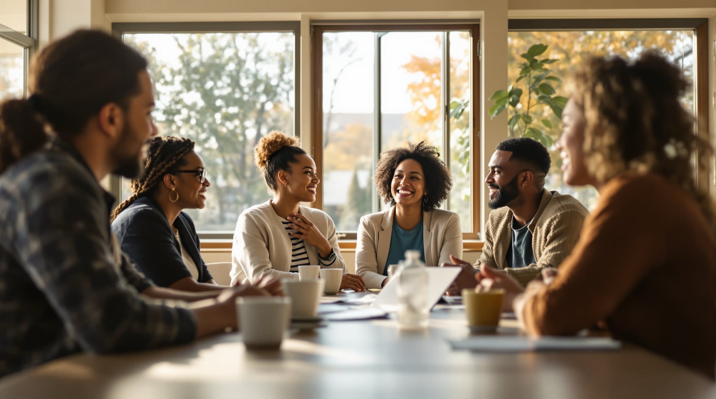 Illustrative, AI-generated image of community members in conversation, representing the spirit of local partnership — not a photograph of real staff, clients, or partners.