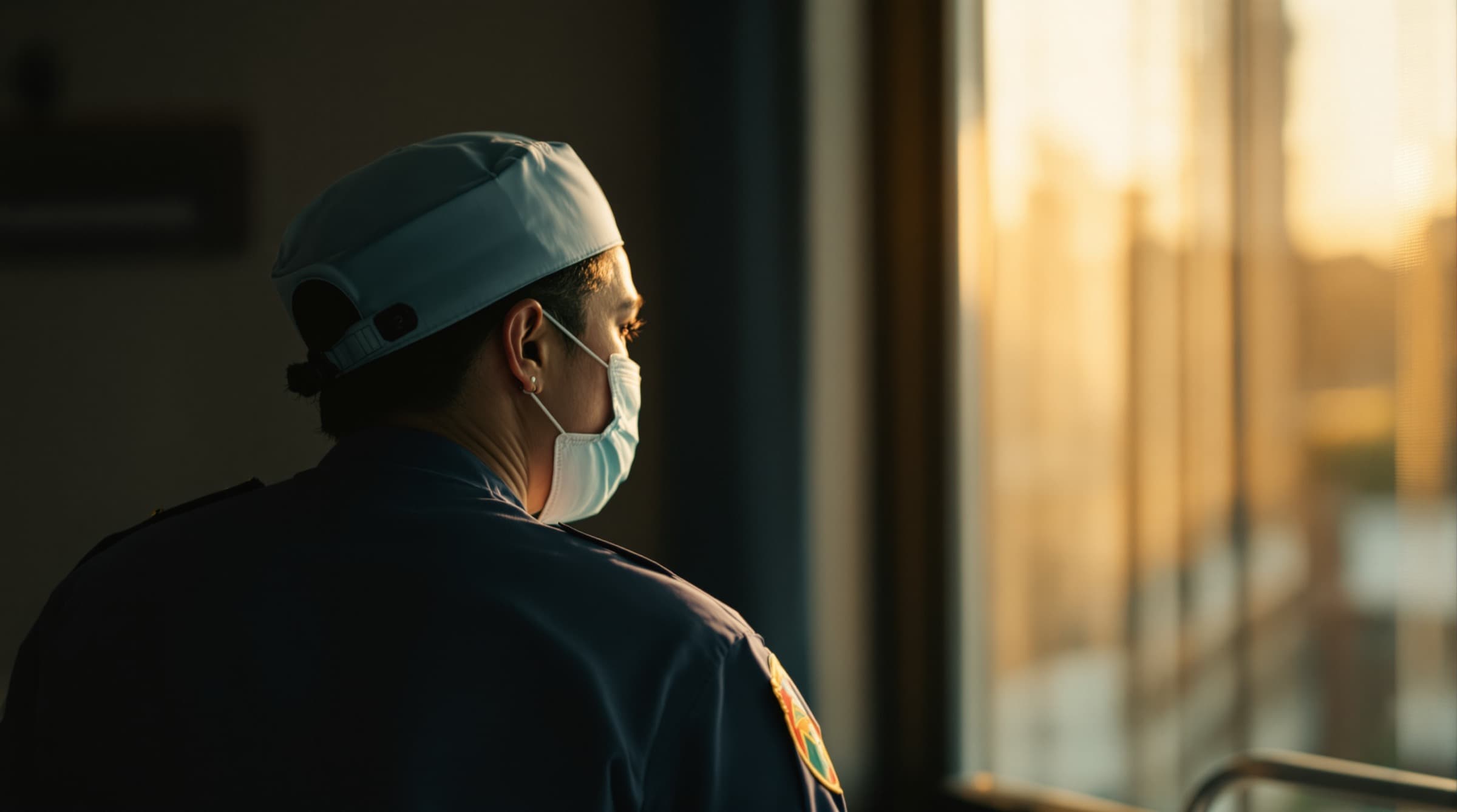 A healthcare worker in soft, out-of-focus profile, seated at rest near a window in warm afternoon light